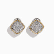 925 Sterling Silver & 18K Gold Diamond Earrings, 0.21 TCW, feature a square shape with pavé-set clear stones and gold and silver-toned borders, shown on a white background.