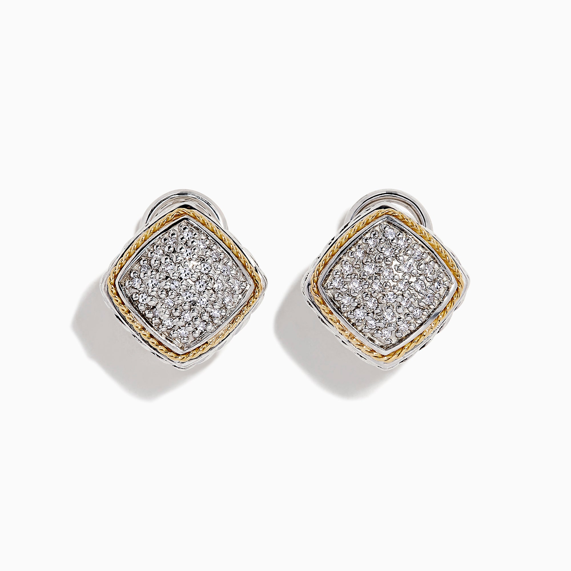 925 Sterling Silver & 18K Gold Diamond Earrings, 0.21 TCW, feature a square shape with pavé-set clear stones and gold and silver-toned borders, shown on a white background.