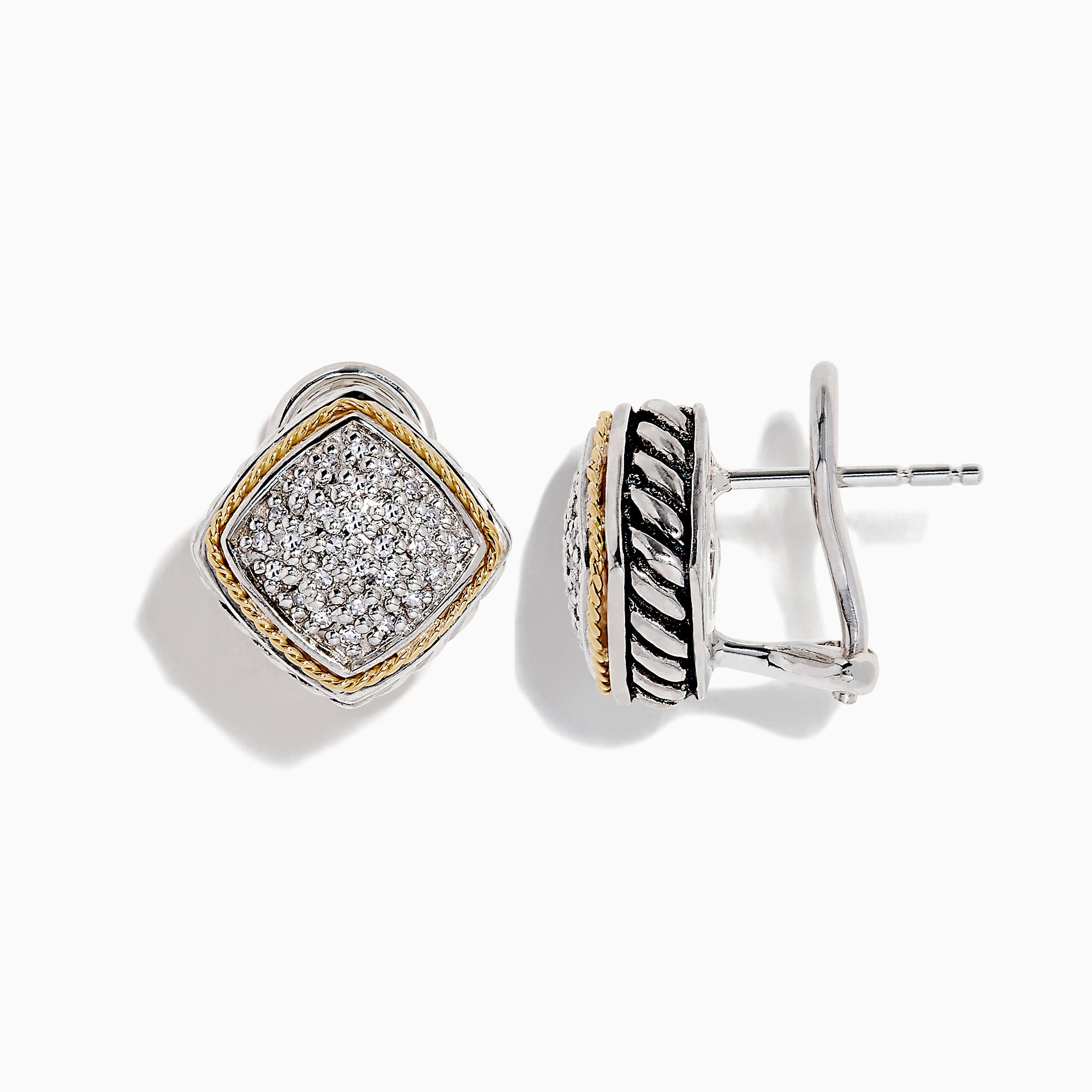 925 Sterling Silver & 18K Gold Diamond Earrings, 0.21 TCW, feature a square shape with pavé-set clear stones and gold and silver-toned borders, shown on a white background.