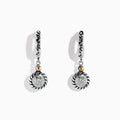 A pair of 925 Sterling Silver and 18K Yellow Gold Diamond Drop Earrings with intricate swirl designs and round pavé-set diamond centers, displayed on a white background.