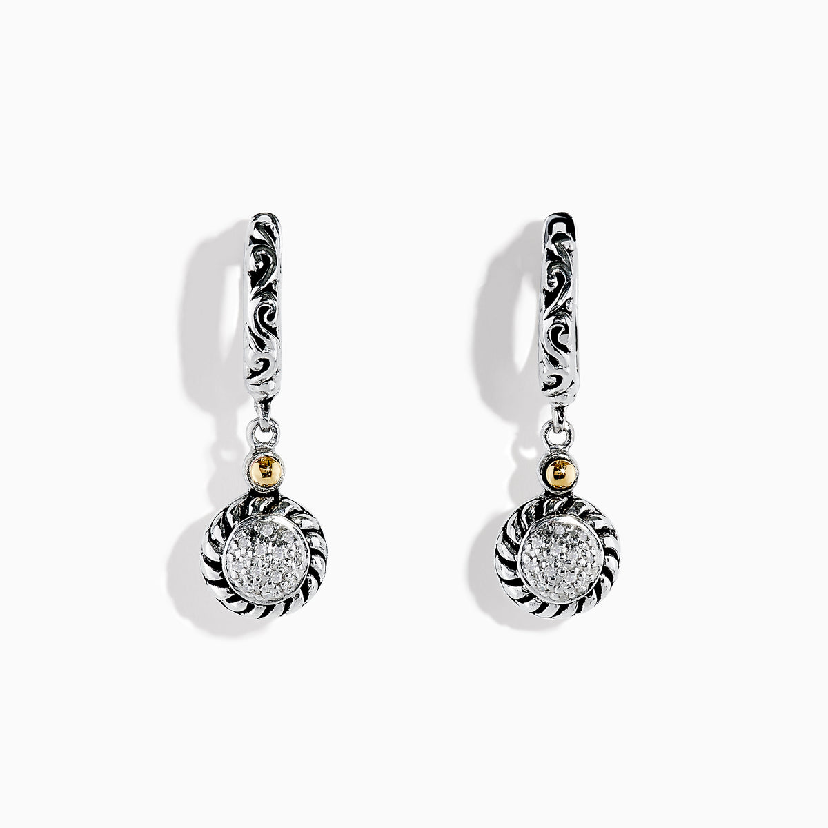 A pair of 925 Sterling Silver and 18K Yellow Gold Diamond Drop Earrings with intricate swirl designs and round pavé-set diamond centers, displayed on a white background.
