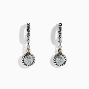 A pair of 925 Sterling Silver and 18K Yellow Gold Diamond Drop Earrings with intricate swirl designs and round pavé-set diamond centers, displayed on a white background.