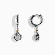 A pair of 925 Sterling Silver and 18K Yellow Gold Diamond Drop Earrings with intricate swirl designs and round pavé-set diamond centers, displayed on a white background.