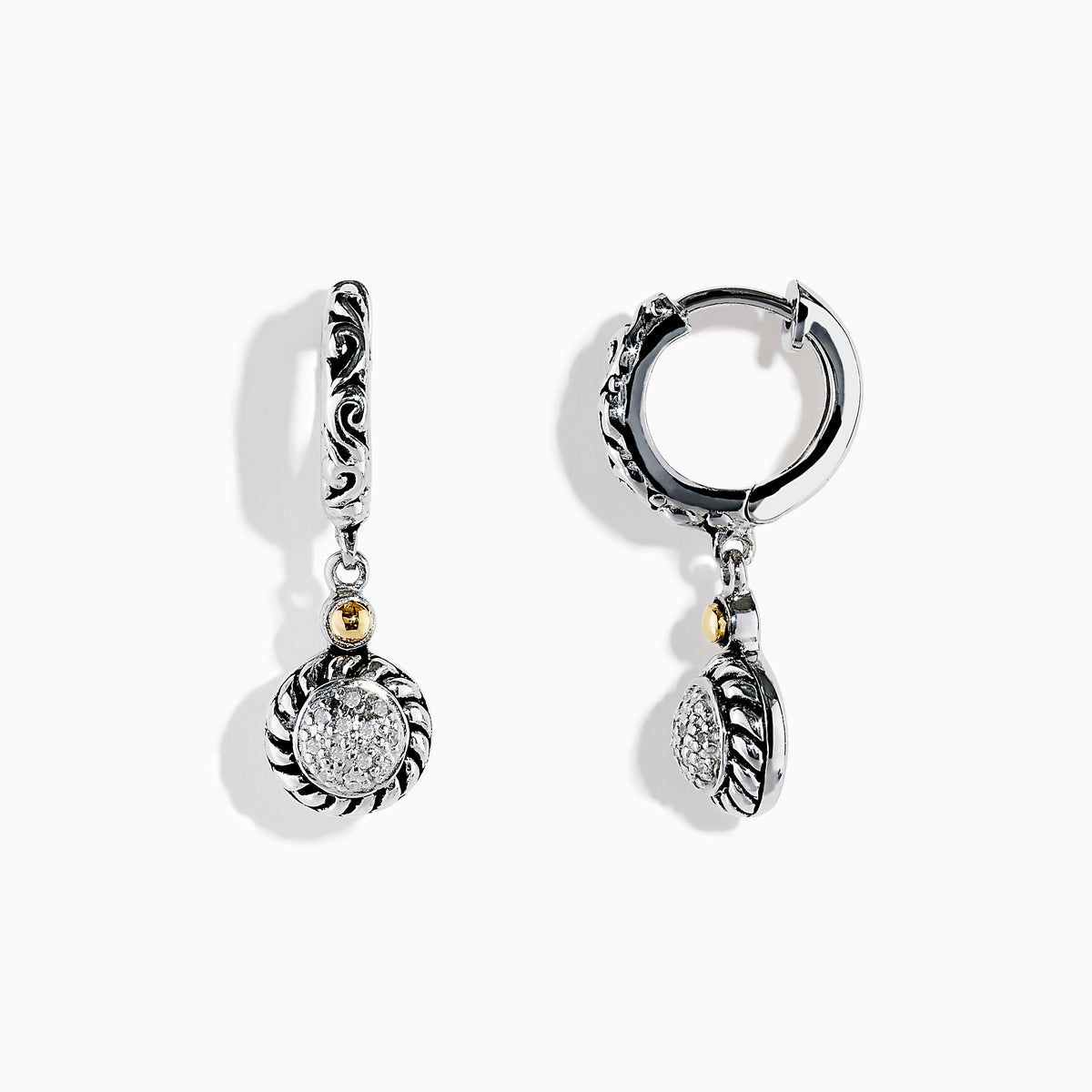 A pair of 925 Sterling Silver and 18K Yellow Gold Diamond Drop Earrings with intricate swirl designs and round pavé-set diamond centers, displayed on a white background.