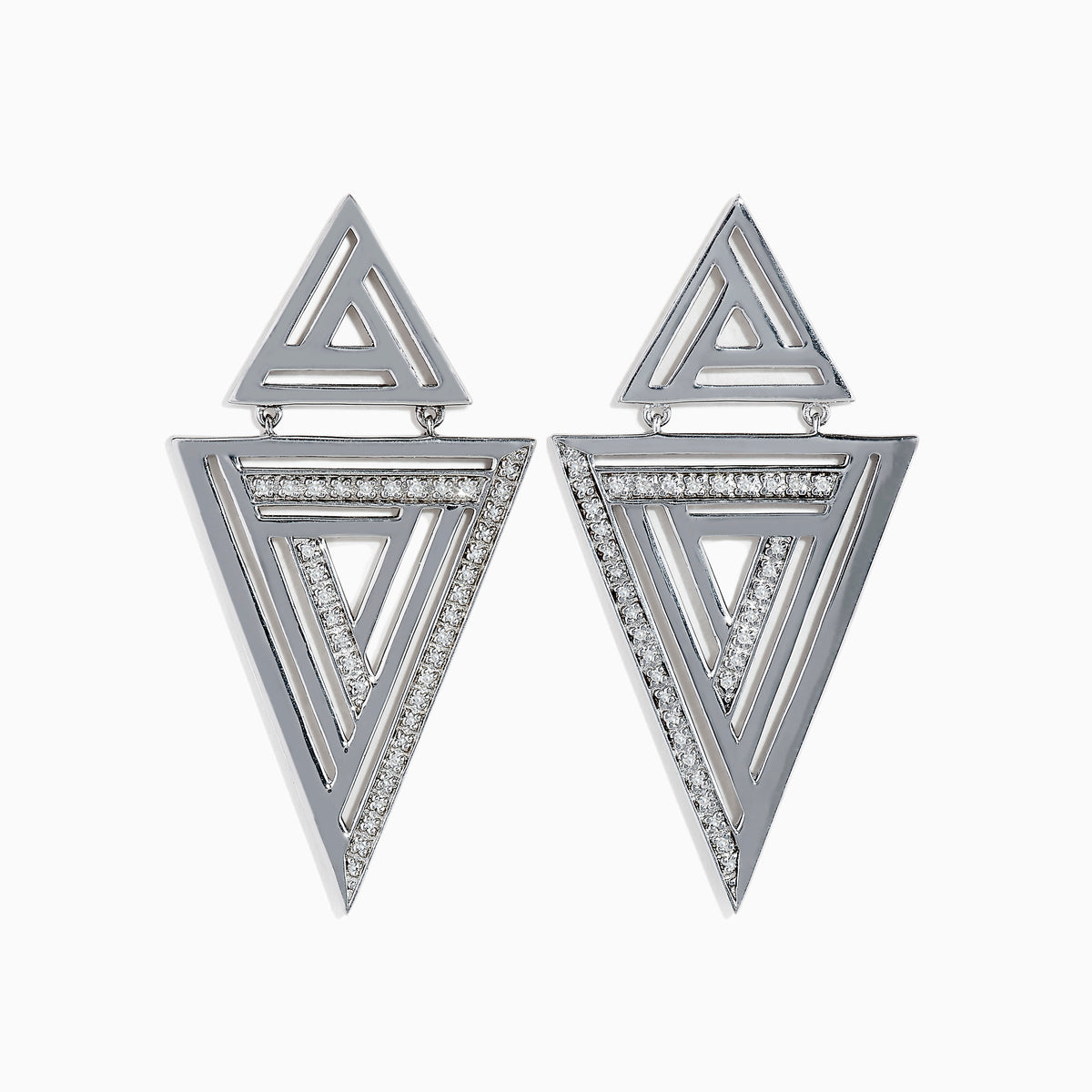 The 925 Sterling Silver Diamond Retro Earrings (0.26 TCW) feature layered open triangles with embedded clear stones outlining the inner shapes, blending retro style with a modern geometric design.