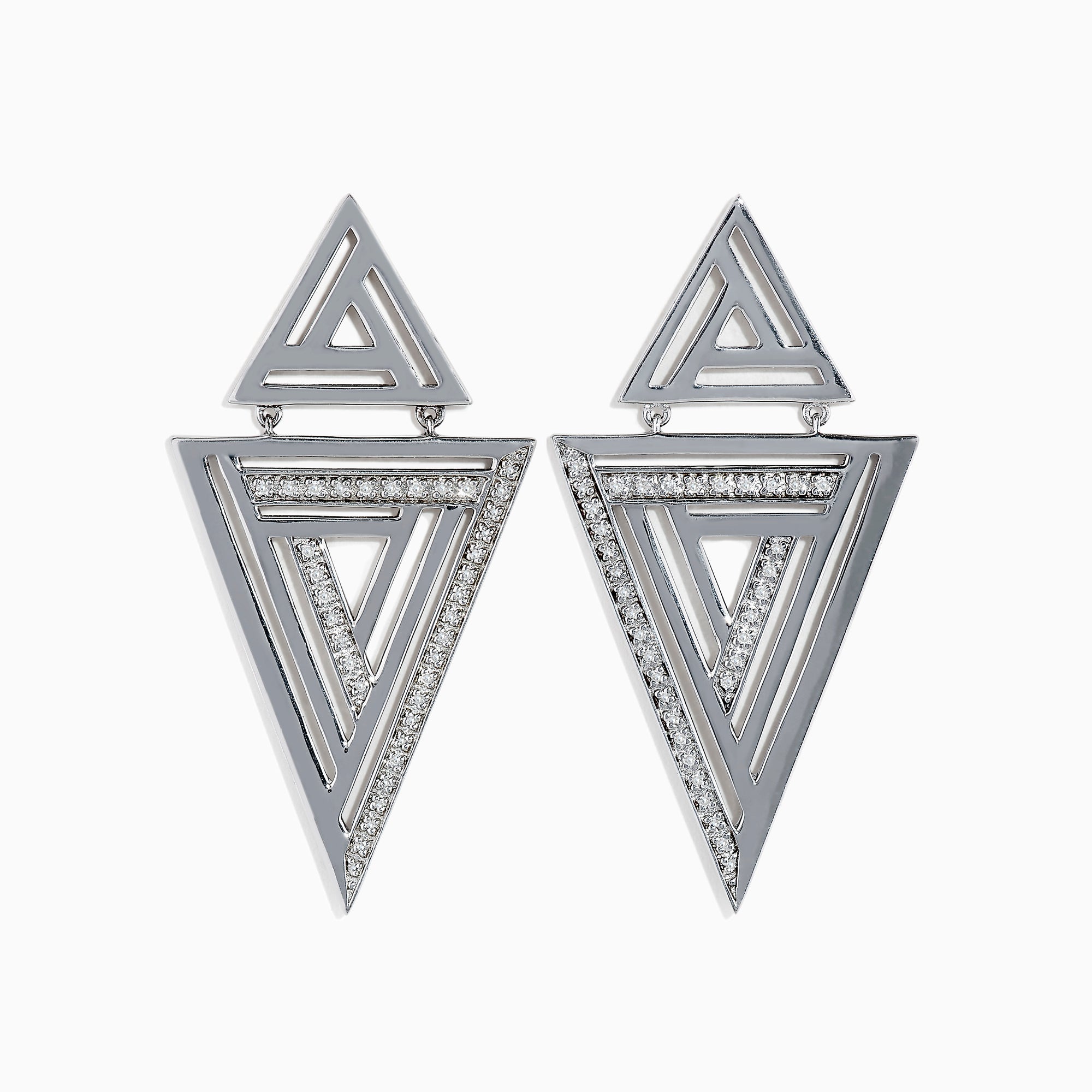 The 925 Sterling Silver Diamond Retro Earrings (0.26 TCW) feature layered open triangles with embedded clear stones outlining the inner shapes, blending retro style with a modern geometric design.