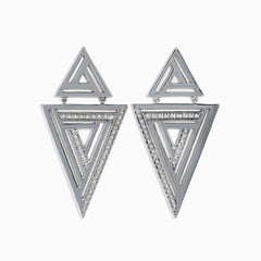 The 925 Sterling Silver Diamond Retro Earrings (0.26 TCW) feature layered open triangles with embedded clear stones outlining the inner shapes, blending retro style with a modern geometric design.