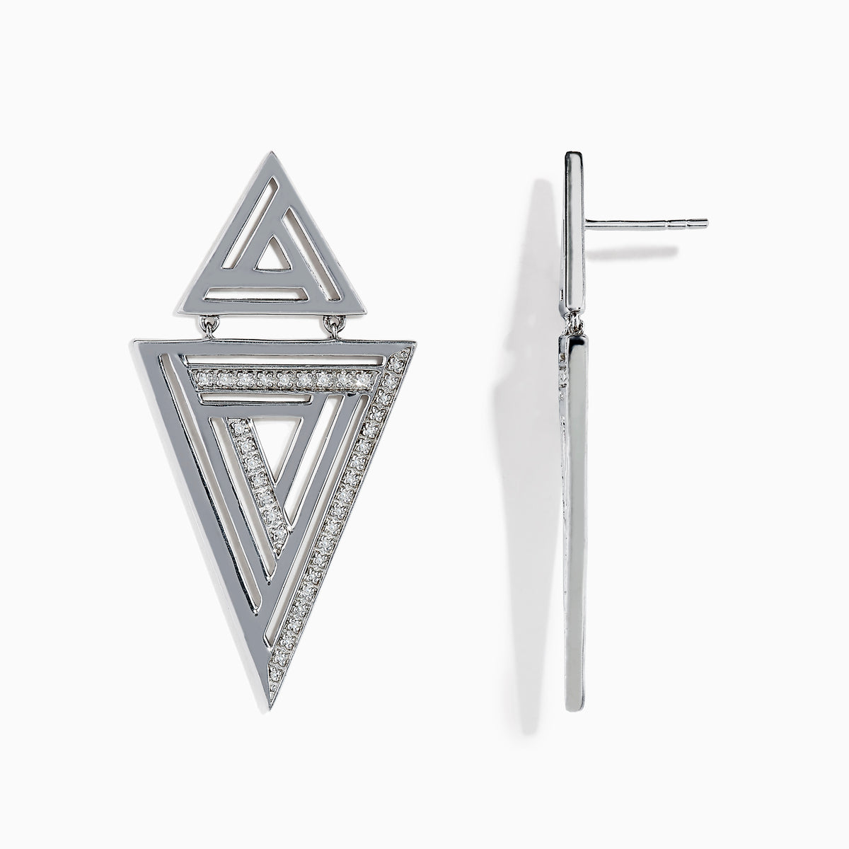 The 925 Sterling Silver Diamond Retro Earrings (0.26 TCW) feature layered open triangles with embedded clear stones outlining the inner shapes, blending retro style with a modern geometric design.