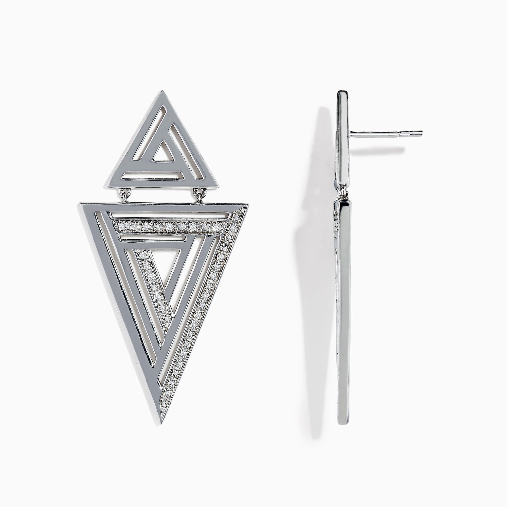 The 925 Sterling Silver Diamond Retro Earrings (0.26 TCW) feature layered open triangles with embedded clear stones outlining the inner shapes, blending retro style with a modern geometric design.
