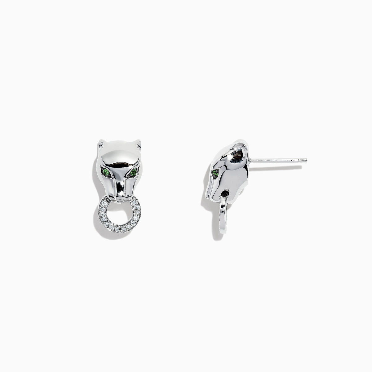 Signature Sterling Silver Diamond and Tsavorite Panther Stud Earrings, 0.16 TCW, shaped like panther heads with green tsavorite eyes and each holding a diamond-studded ring, displayed on a white background.