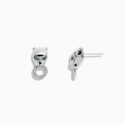 Signature Sterling Silver Diamond and Tsavorite Panther Stud Earrings, 0.16 TCW, shaped like panther heads with green tsavorite eyes and each holding a diamond-studded ring, displayed on a white background.