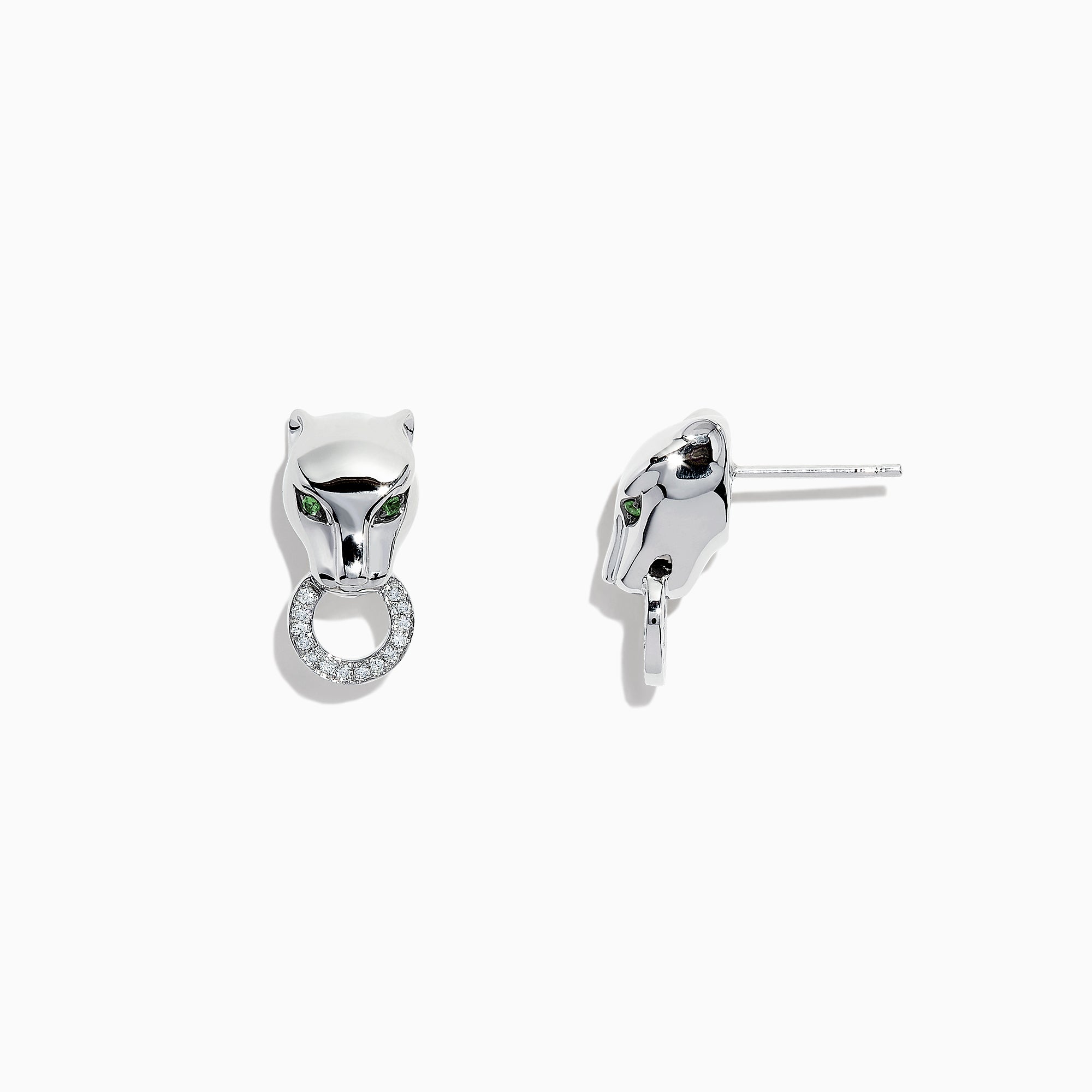 Signature Sterling Silver Diamond and Tsavorite Panther Stud Earrings, 0.16 TCW, shaped like panther heads with green tsavorite eyes and each holding a diamond-studded ring, displayed on a white background.