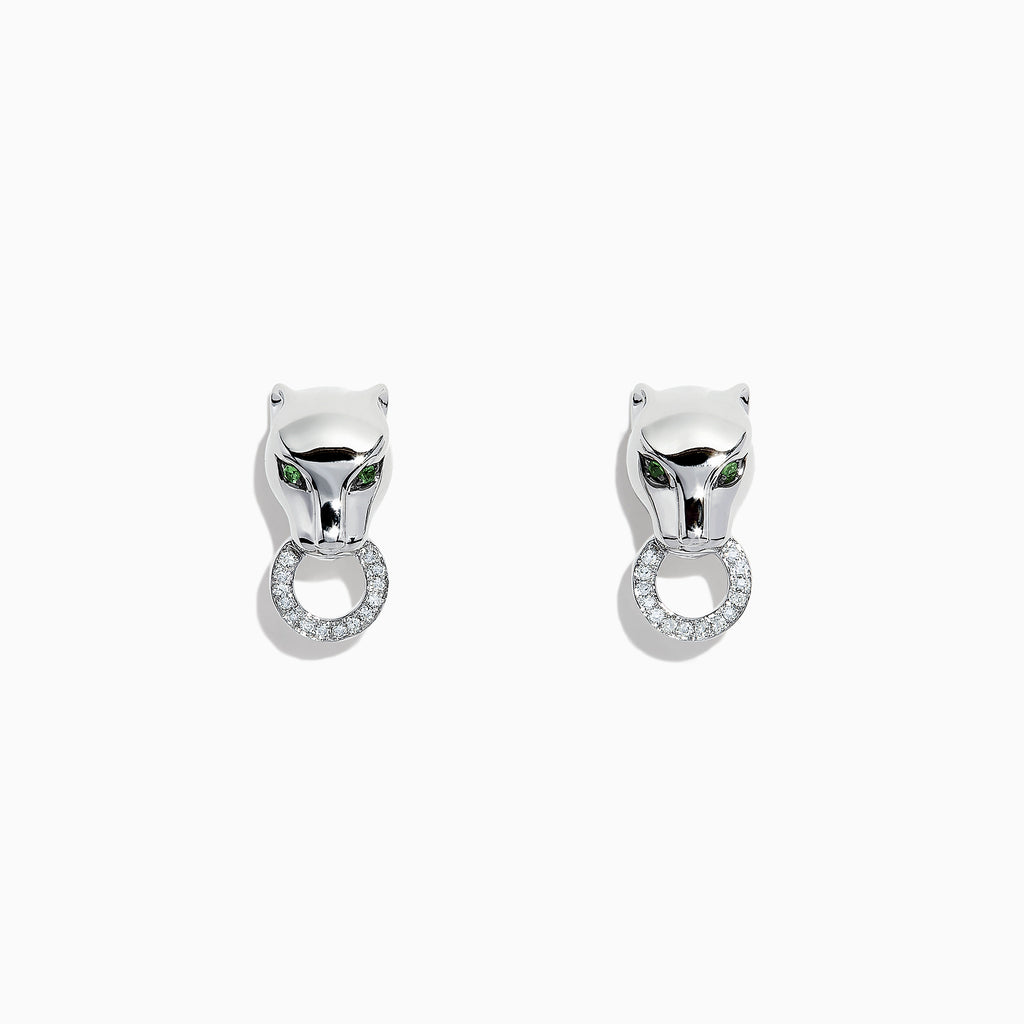 Signature Sterling Silver Diamond and Tsavorite Panther Stud Earrings, 0.16 TCW, shaped like panther heads with green tsavorite eyes and each holding a diamond-studded ring, displayed on a white background.
