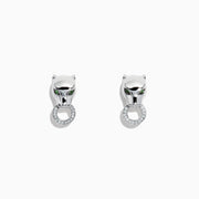 Signature Sterling Silver Diamond and Tsavorite Panther Stud Earrings, 0.16 TCW, shaped like panther heads with green tsavorite eyes and each holding a diamond-studded ring, displayed on a white background.