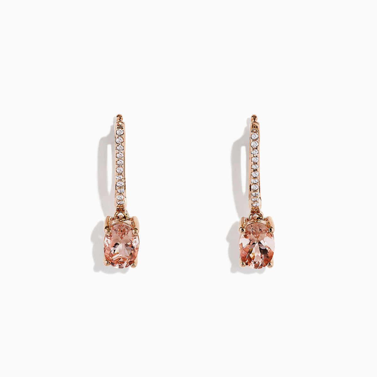 The Blush 14K Rose Gold Morganite and Diamond Earrings, 1.49 TCW, feature oval pink gemstones and a slim vertical line of sparkling diamonds, elegantly set against a white background.