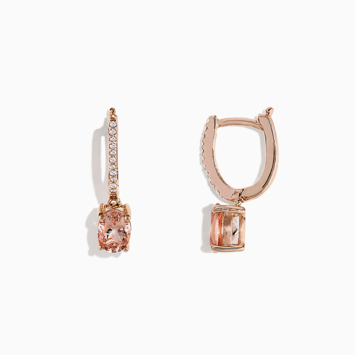 The Blush 14K Rose Gold Morganite and Diamond Earrings, 1.49 TCW, feature oval pink gemstones and a slim vertical line of sparkling diamonds, elegantly set against a white background.