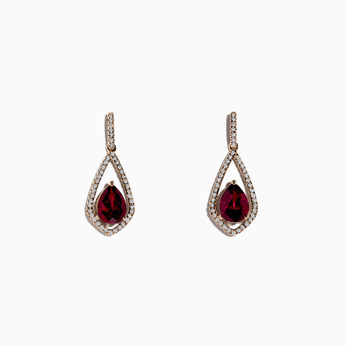 Bordeaux 14K Rose Gold Rhodolite Garnet and Diamond Earrings, 2.79 TCW: Elegant drop earrings with teardrop-shaped rhodolite garnets and sparkling diamonds set in rose gold, shown on a white background.