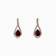 Bordeaux 14K Rose Gold Rhodolite Garnet and Diamond Earrings, 2.79 TCW: Elegant drop earrings with teardrop-shaped rhodolite garnets and sparkling diamonds set in rose gold, shown on a white background.