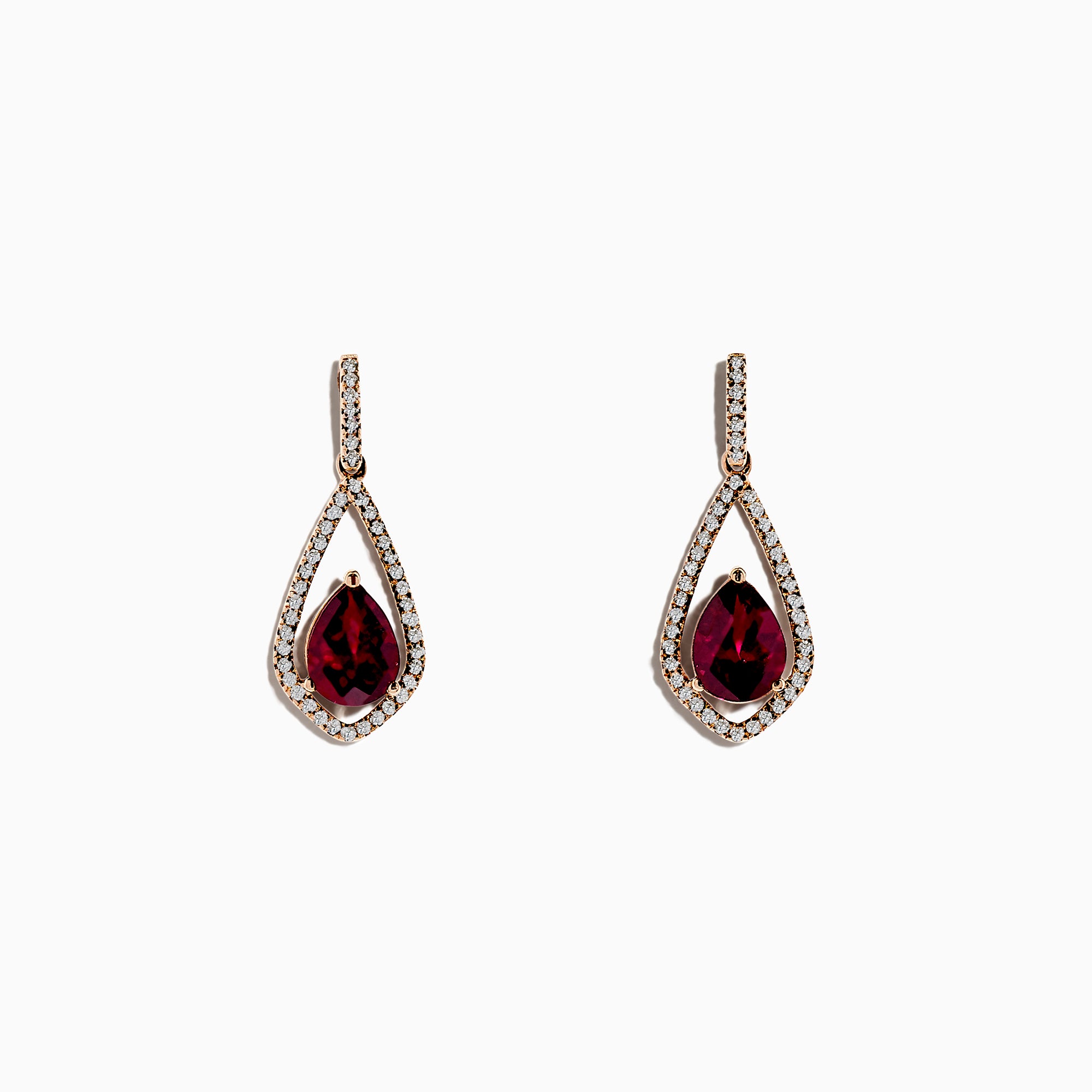 Bordeaux 14K Rose Gold Rhodolite Garnet and Diamond Earrings, 2.79 TCW: Elegant drop earrings with teardrop-shaped rhodolite garnets and sparkling diamonds set in rose gold, shown on a white background.