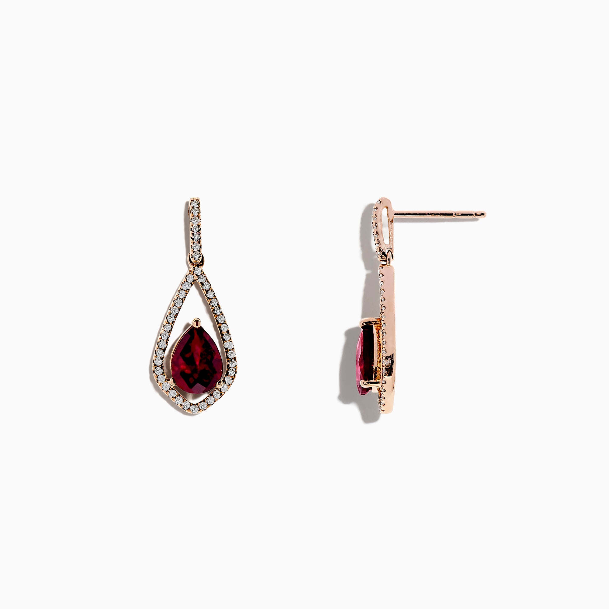 Bordeaux 14K Rose Gold Rhodolite Garnet and Diamond Earrings, 2.79 TCW: Elegant drop earrings with teardrop-shaped rhodolite garnets and sparkling diamonds set in rose gold, shown on a white background.