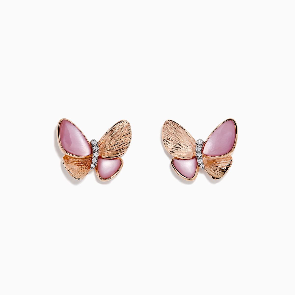 The Nature 14K Gold Mother of Pearl & Diamond Butterfly Earrings, 0.03 TCW, feature butterfly shapes with rose gold wings, light pink accents, and a row of clear stones at the center, crafted in 14K gold and shown on a white background.