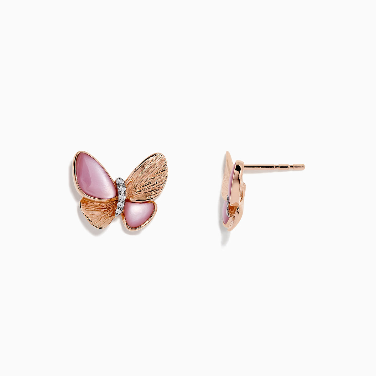 The Nature 14K Gold Mother of Pearl & Diamond Butterfly Earrings (0.03 TCW) feature butterfly-shaped studs with rose gold wings, pink enamel accents, and central diamonds, displayed from the front and side on a white background.