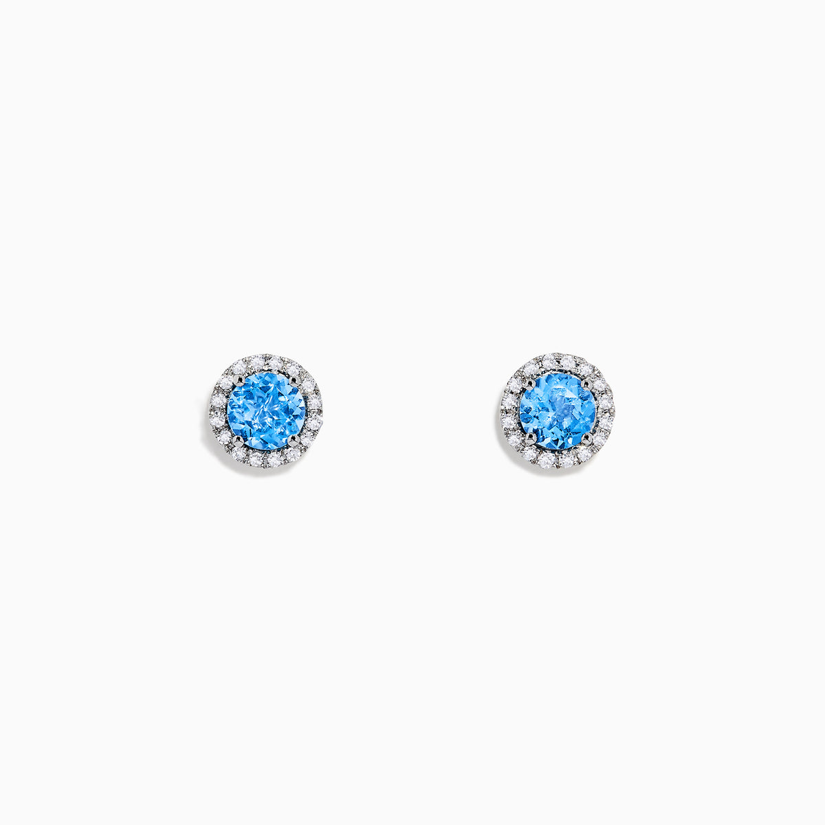 Ocean Bleu 14K White Gold Blue Topaz and Diamond Earrings, 1.32 TCW, feature round blue topaz center stones encircled by sparkling diamonds in a circular white gold setting on a white background.