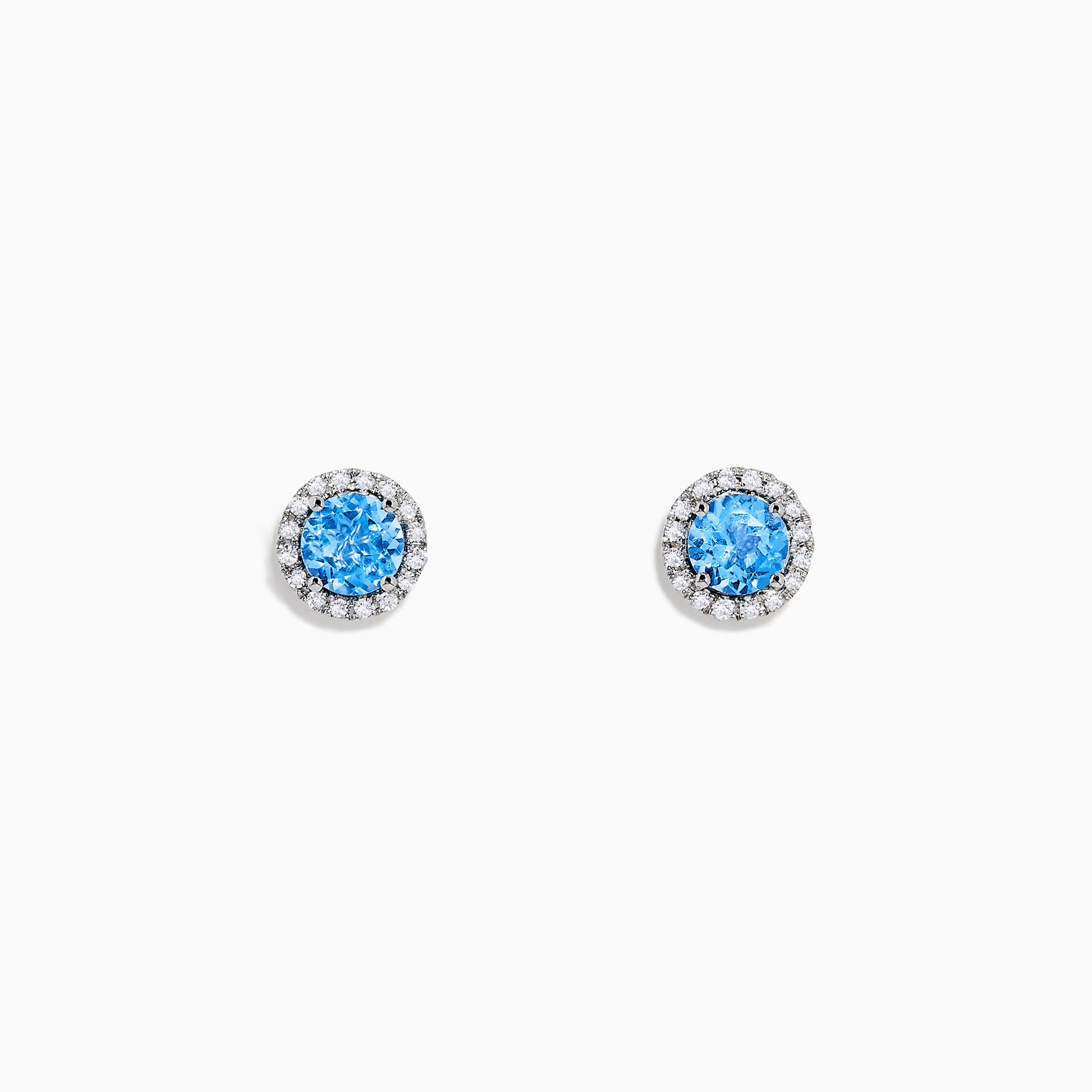 Ocean Bleu 14K White Gold Blue Topaz and Diamond Earrings, 1.32 TCW, feature round blue topaz center stones encircled by sparkling diamonds in a circular white gold setting on a white background.