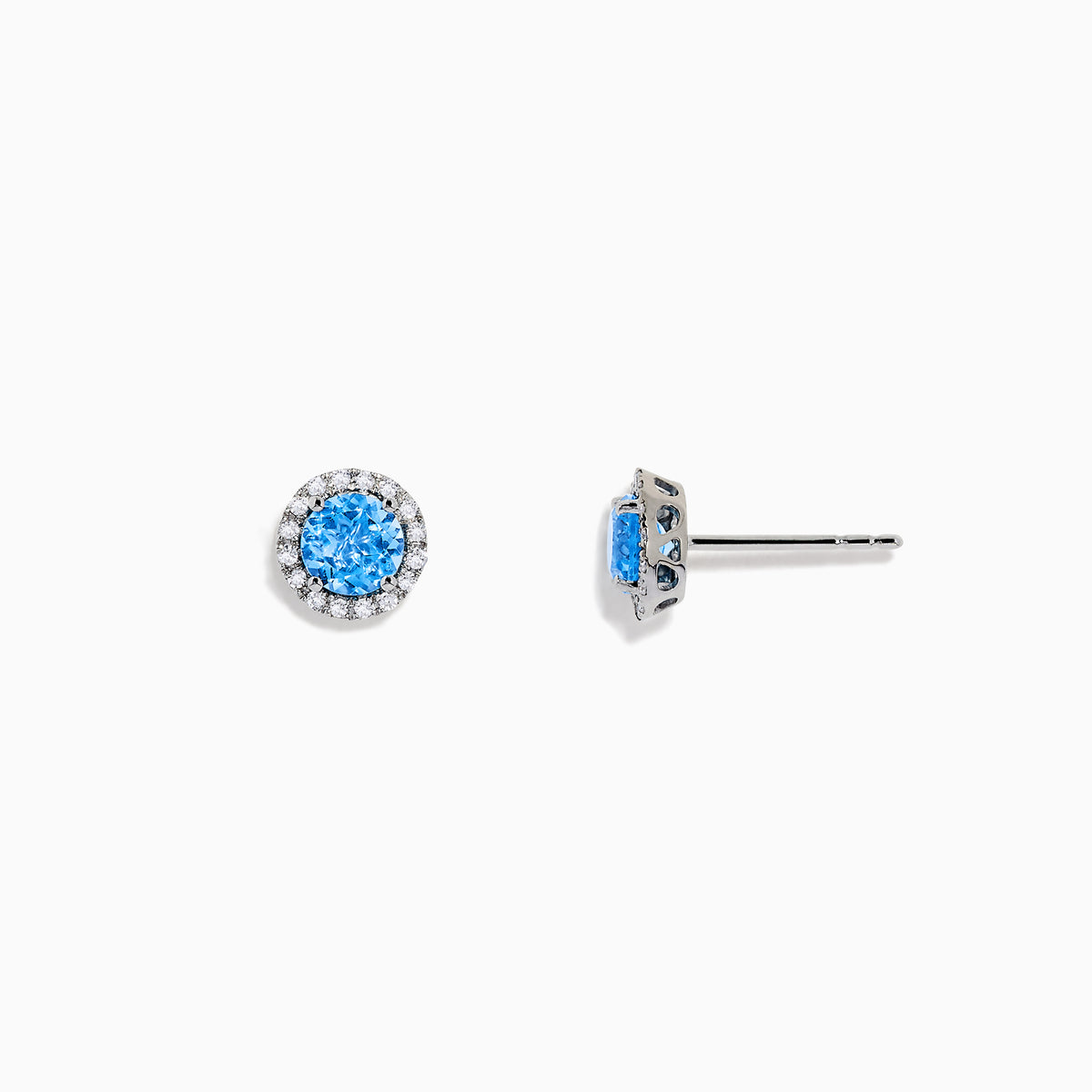 Ocean Bleu 14K White Gold Blue Topaz and Diamond Earrings, 1.32 TCW, feature round blue topaz center stones encircled by sparkling diamonds in a circular white gold setting on a white background.