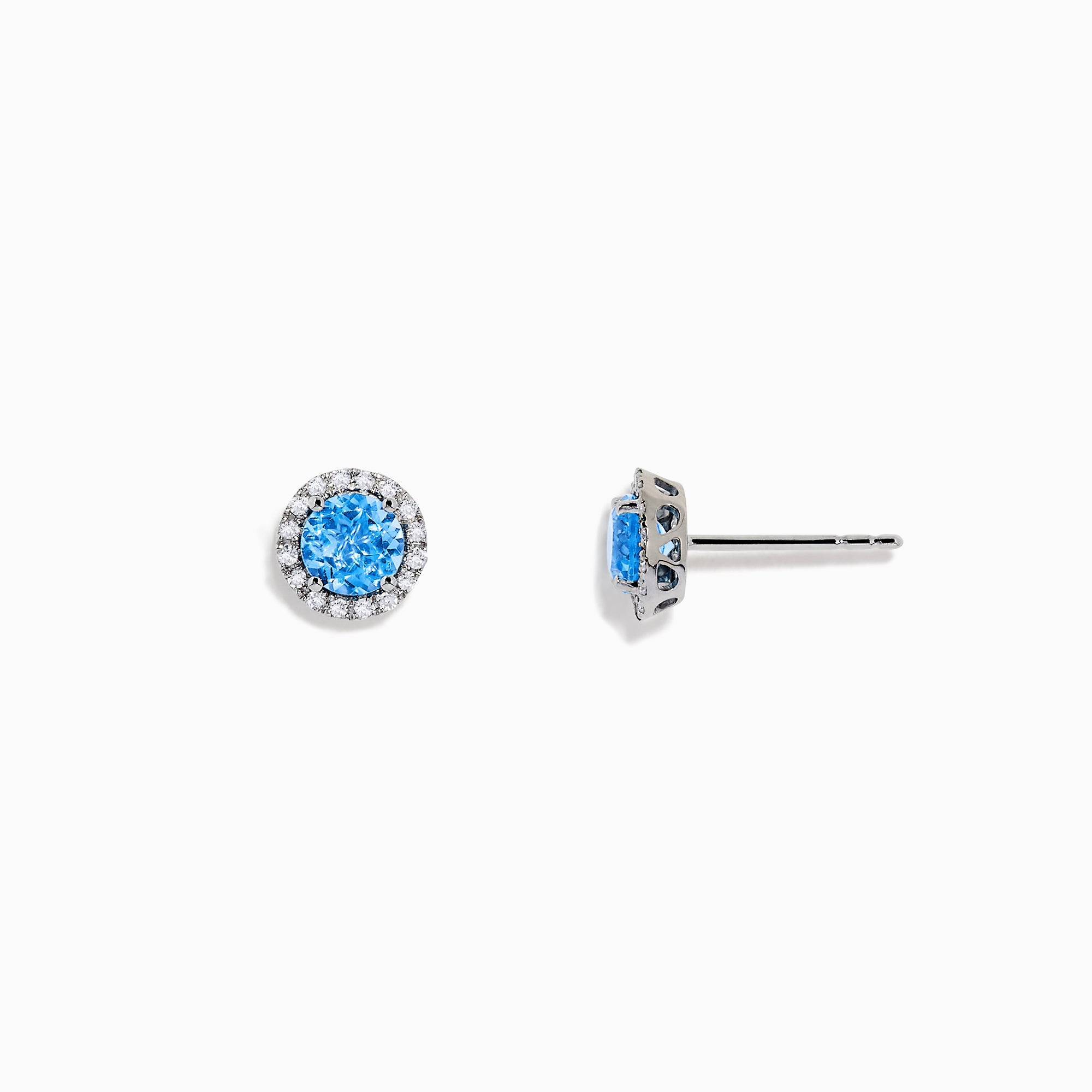 Ocean Bleu 14K White Gold Blue Topaz and Diamond Earrings, 1.32 TCW, feature round blue topaz center stones encircled by sparkling diamonds in a circular white gold setting on a white background.