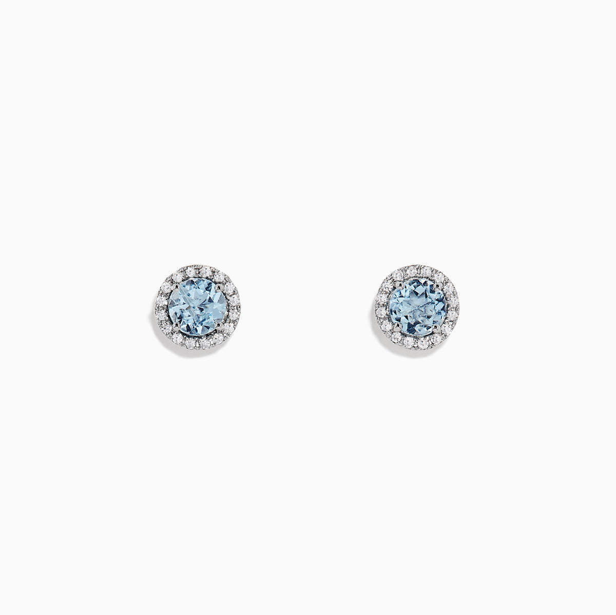 Aquarius 14K White Gold Aquamarine and Diamond Earrings, 1.12 TCW—round studs featuring aquamarine gems encircled by diamonds, set in white gold on a plain white background.