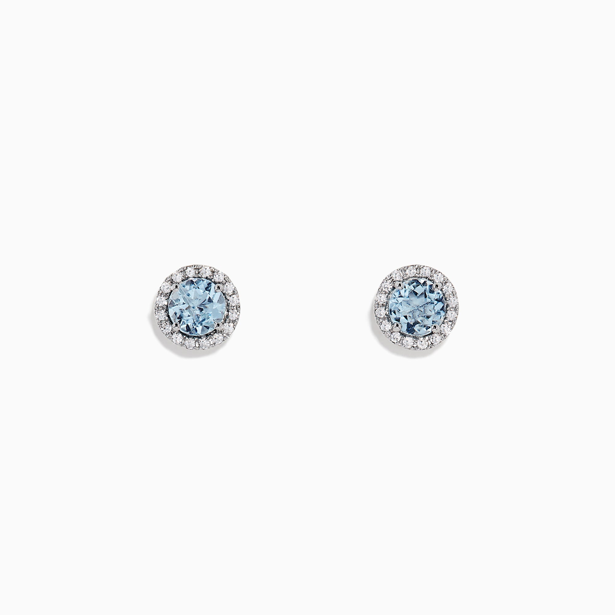 Aquarius 14K White Gold Aquamarine and Diamond Earrings, 1.12 TCW—round studs featuring aquamarine gems encircled by diamonds, set in white gold on a plain white background.