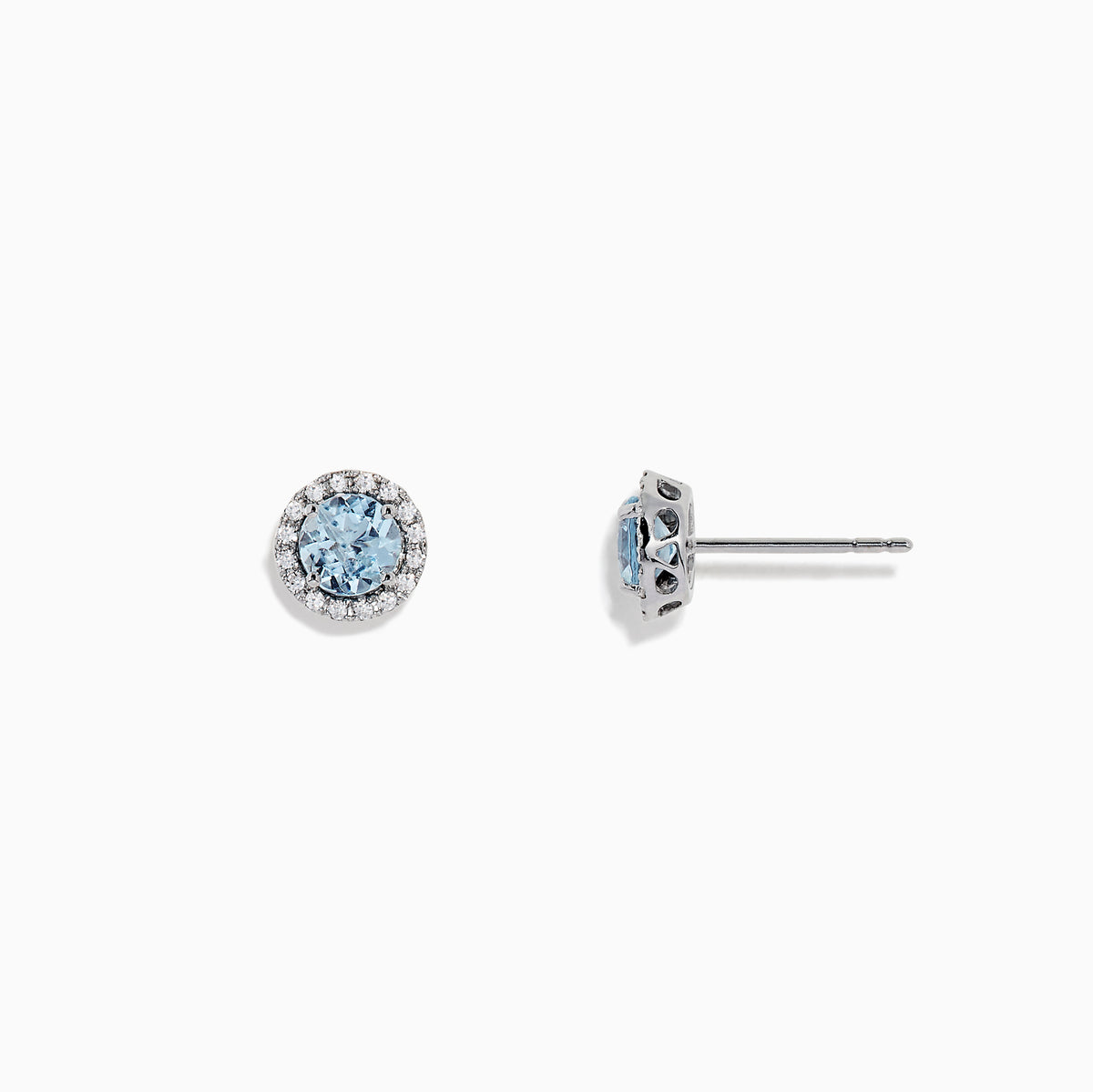 Aquarius 14K White Gold Aquamarine and Diamond Earrings, 1.12 TCW—round studs featuring aquamarine gems encircled by diamonds, set in white gold on a plain white background.