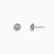 Aquarius 14K White Gold Aquamarine and Diamond Earrings, 1.12 TCW—round studs featuring aquamarine gems encircled by diamonds, set in white gold on a plain white background.