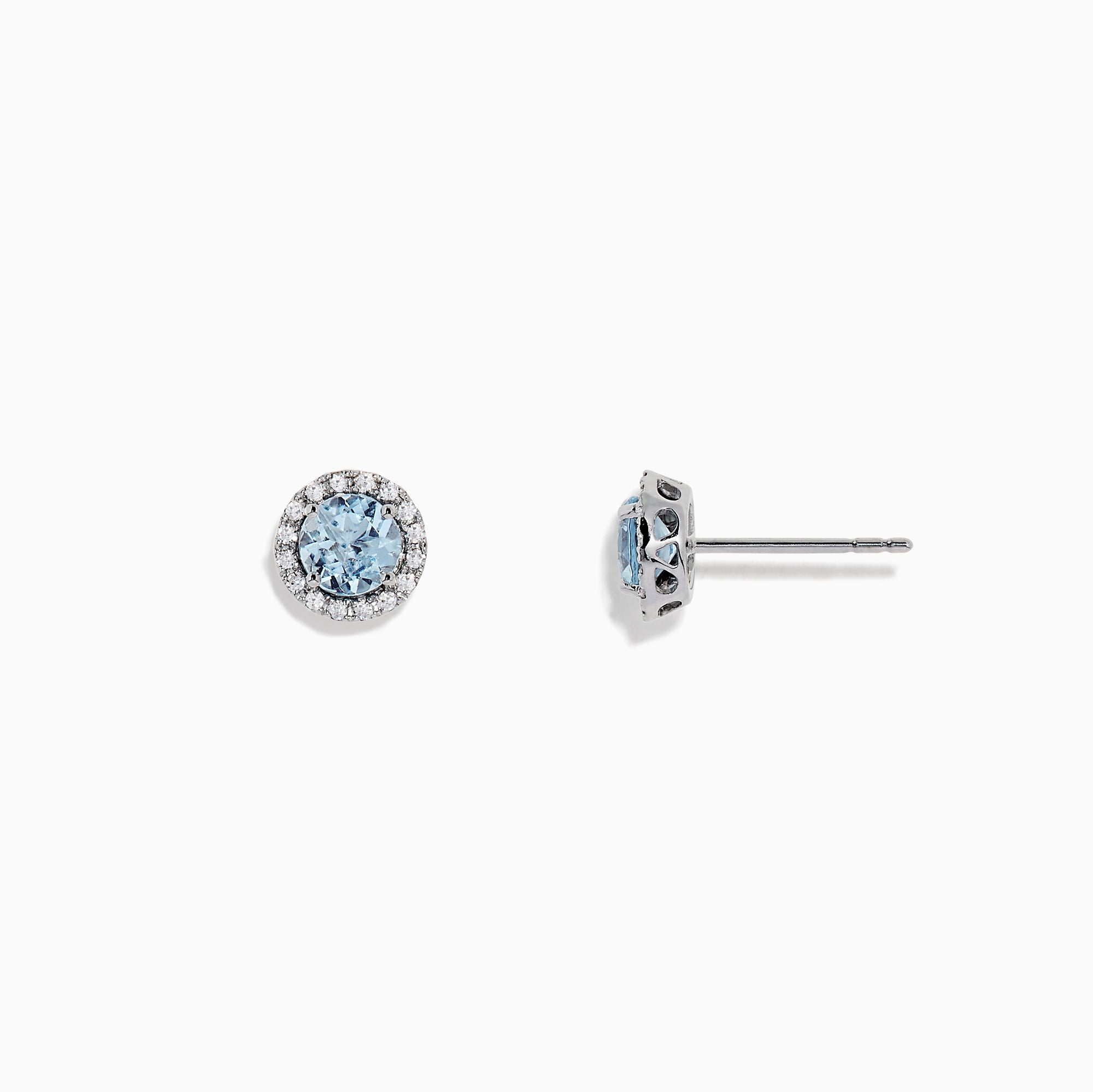 Aquarius 14K White Gold Aquamarine and Diamond Earrings, 1.12 TCW—round studs featuring aquamarine gems encircled by diamonds, set in white gold on a plain white background.