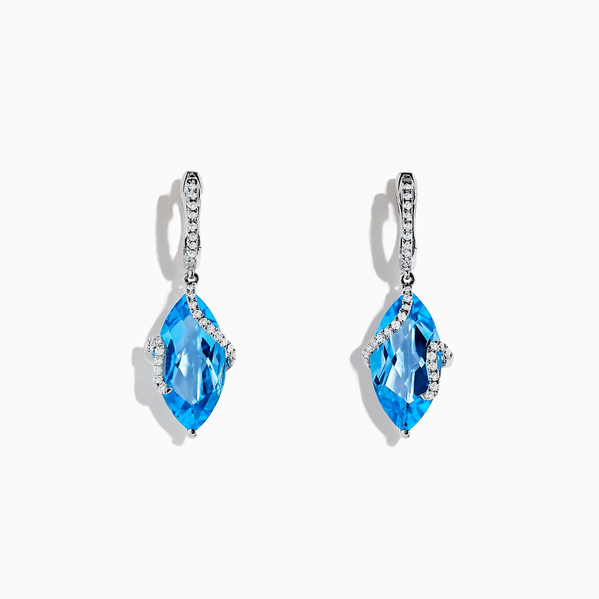 The Ocean Bleu 14K White Gold Blue Topaz and Diamond Earrings, 13.98 TCW, feature marquise-cut blue topaz stones accented with sparkling diamonds along the setting and hooks, shown on a white background.