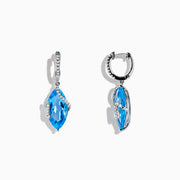 The Ocean Bleu 14K White Gold Blue Topaz and Diamond Earrings, 13.98 TCW, feature marquise-cut blue topaz stones accented with sparkling diamonds along the setting and hooks, shown on a white background.