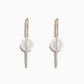 The 14K Gold Cultured Fresh Water Pearl & Diamond Hoop Earrings, 0.20 TCW, showcase a vertical row of diamonds with a round freshwater pearl behind each diamond bar, presented on a white background.