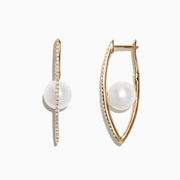 The 14K Gold Cultured Fresh Water Pearl & Diamond Hoop Earrings, 0.20 TCW, showcase a vertical row of diamonds with a round freshwater pearl behind each diamond bar, presented on a white background.