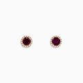 Bordeaux 14K Gold Rhodolite Garnet and Diamond Earrings, 1.22 TCW, feature round garnets encircled by sparkling diamonds in a 14K gold setting, displayed against a plain white background.