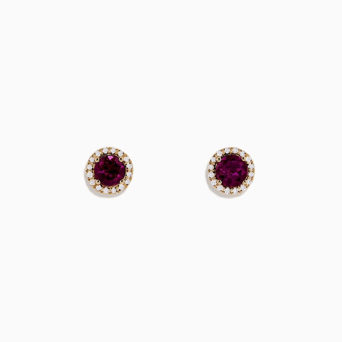 Bordeaux 14K Gold Rhodolite Garnet and Diamond Earrings, 1.22 TCW, feature round garnets encircled by sparkling diamonds in a 14K gold setting, displayed against a plain white background.