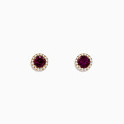 Bordeaux 14K Gold Rhodolite Garnet and Diamond Earrings, 1.22 TCW, feature round garnets encircled by sparkling diamonds in a 14K gold setting, displayed against a plain white background.