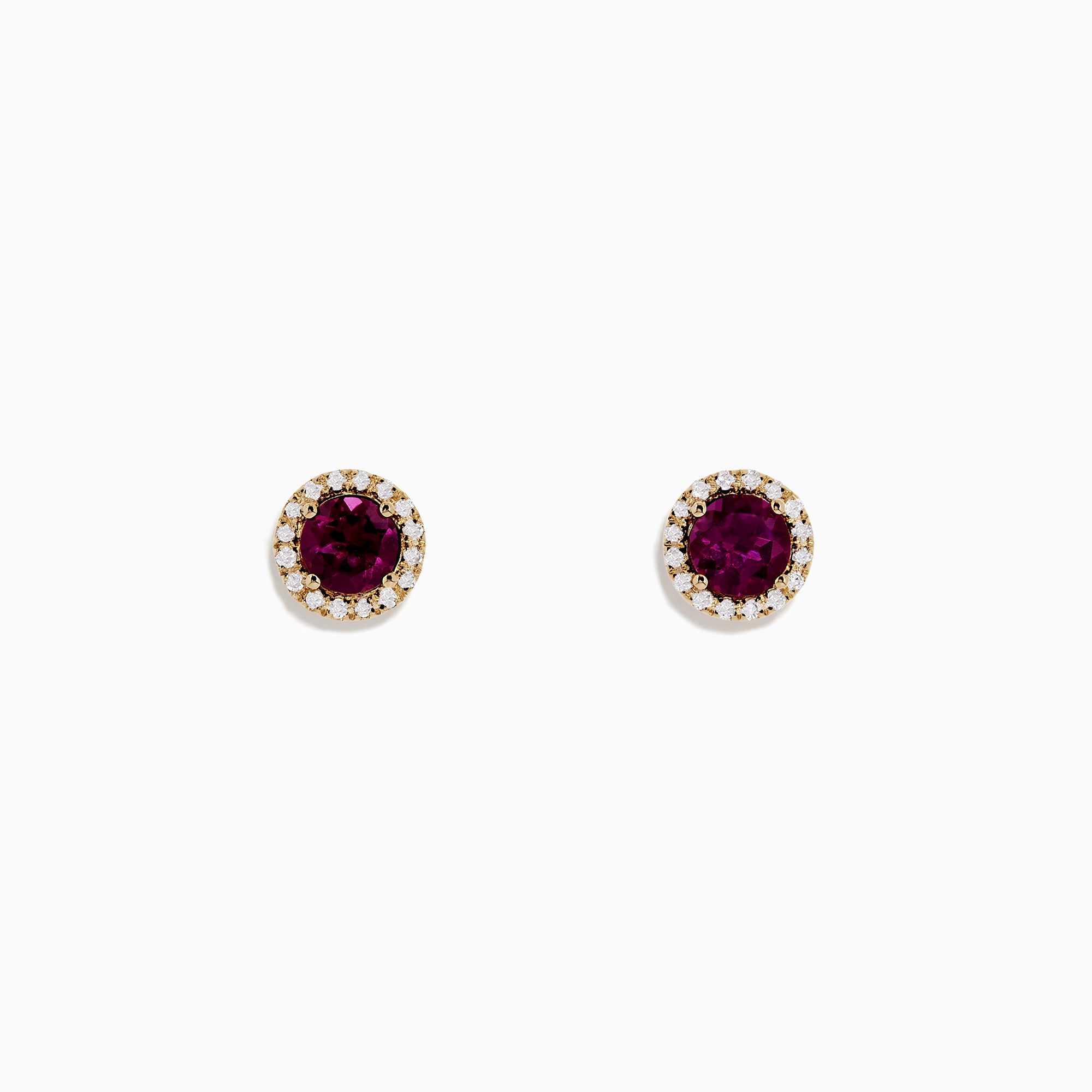 Bordeaux 14K Gold Rhodolite Garnet and Diamond Earrings, 1.22 TCW, feature round garnets encircled by sparkling diamonds in a 14K gold setting, displayed against a plain white background.