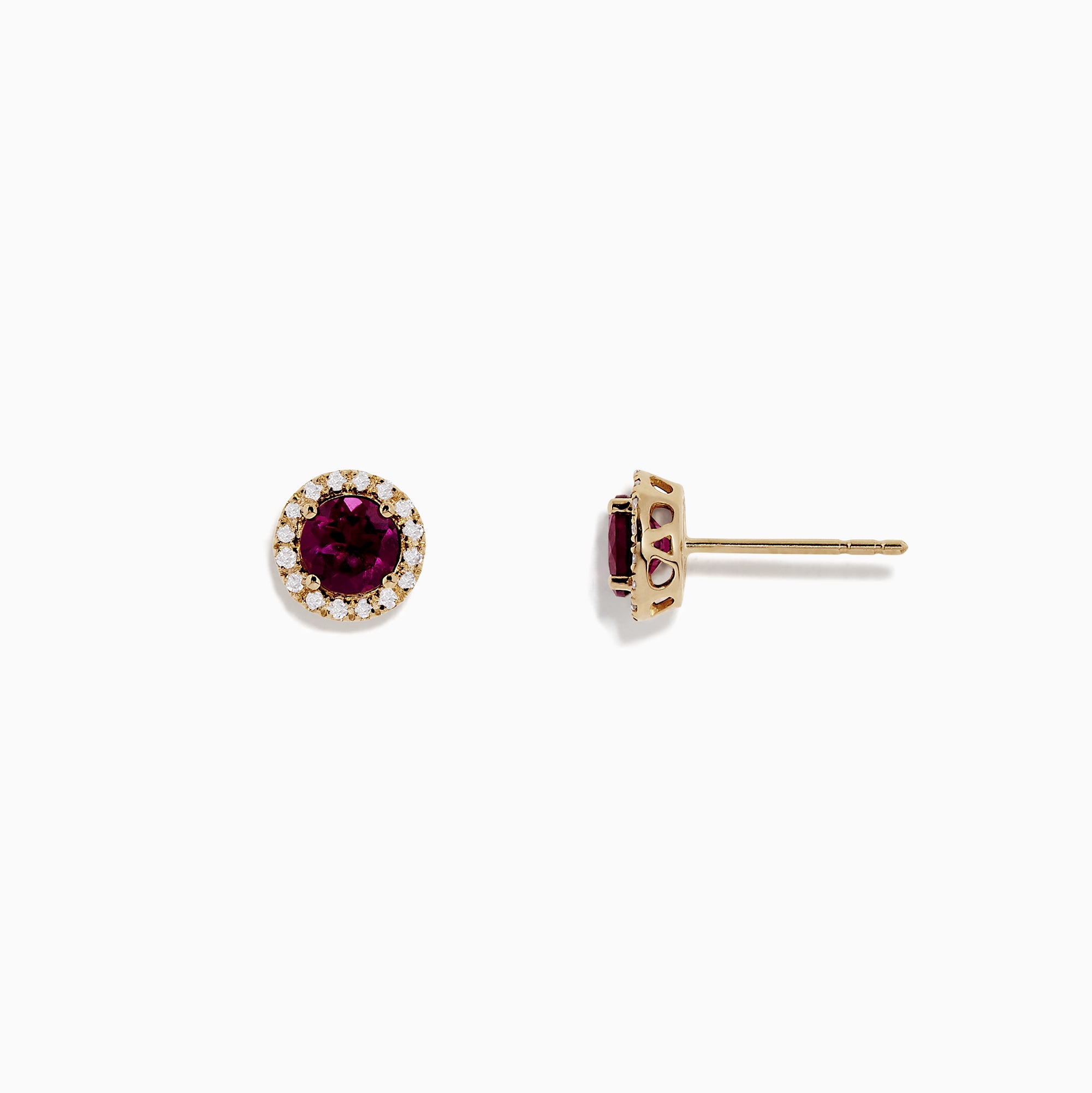 Bordeaux 14K Gold Rhodolite Garnet and Diamond Earrings, 1.22 TCW, feature round garnets encircled by sparkling diamonds in a 14K gold setting, displayed against a plain white background.