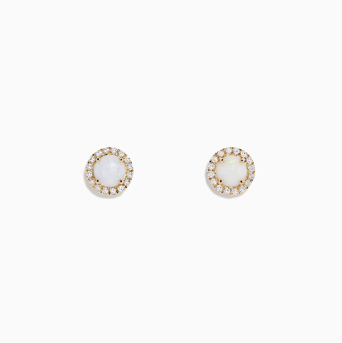 The Aurora 14K Yellow Gold Opal and Diamond Earrings, 0.87 TCW, feature round studs with central opals encircled by sparkling diamonds, set in yellow gold and shown on a white background.