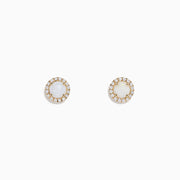 The Aurora 14K Yellow Gold Opal and Diamond Earrings, 0.87 TCW, feature round studs with central opals encircled by sparkling diamonds, set in yellow gold and shown on a white background.