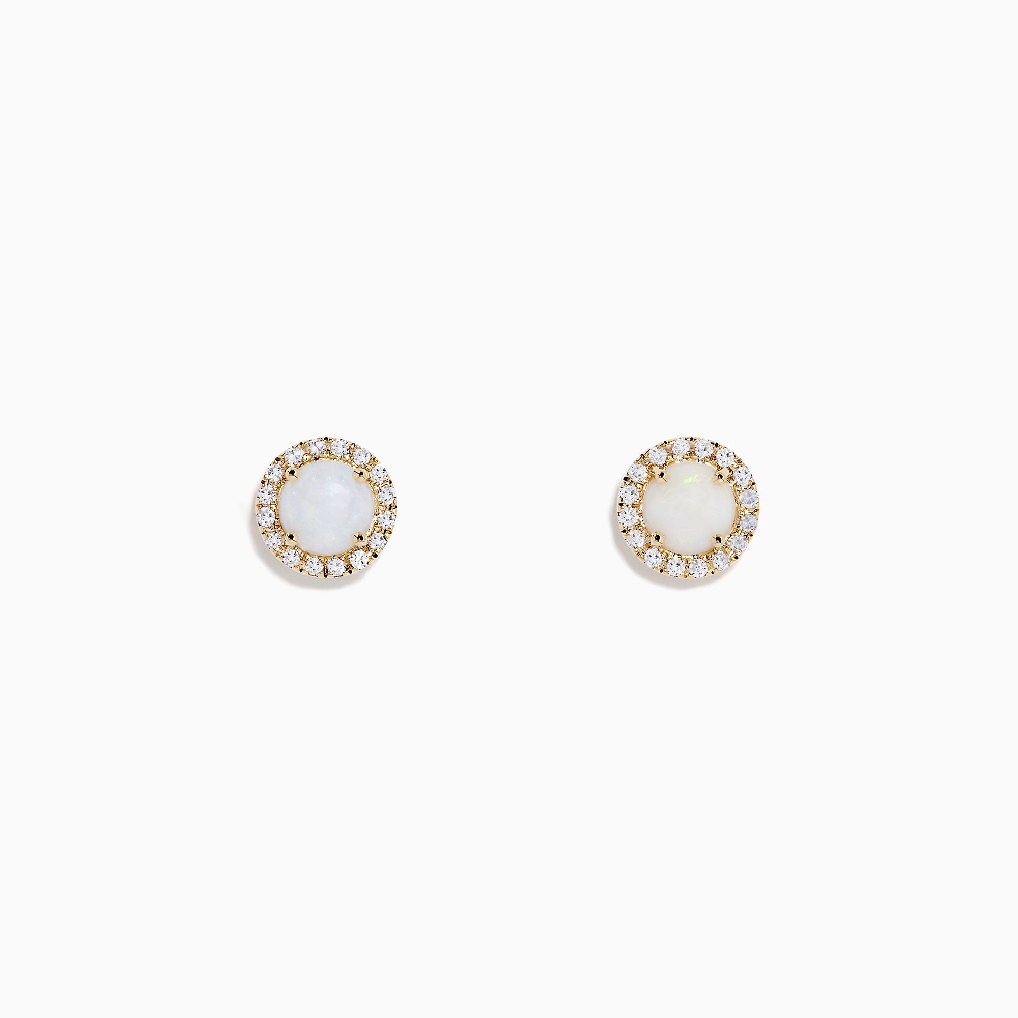 The Aurora 14K Yellow Gold Opal and Diamond Earrings, 0.87 TCW, feature round studs with central opals encircled by sparkling diamonds, set in yellow gold and shown on a white background.
