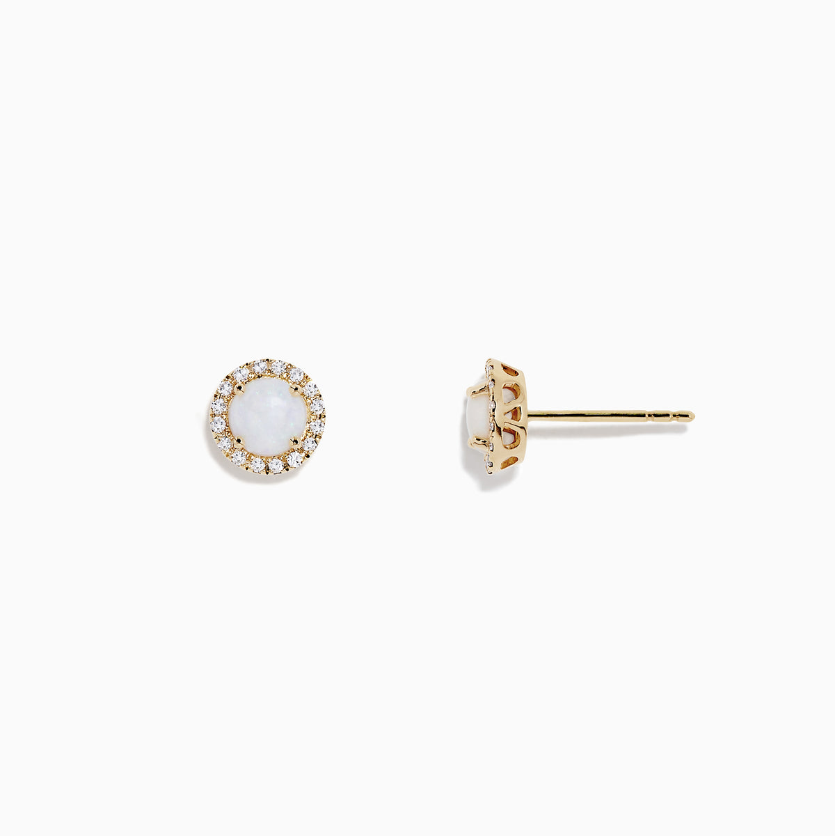 The Aurora 14K Yellow Gold Opal and Diamond Earrings, 0.87 TCW, feature round studs with central opals encircled by sparkling diamonds, set in yellow gold and shown on a white background.
