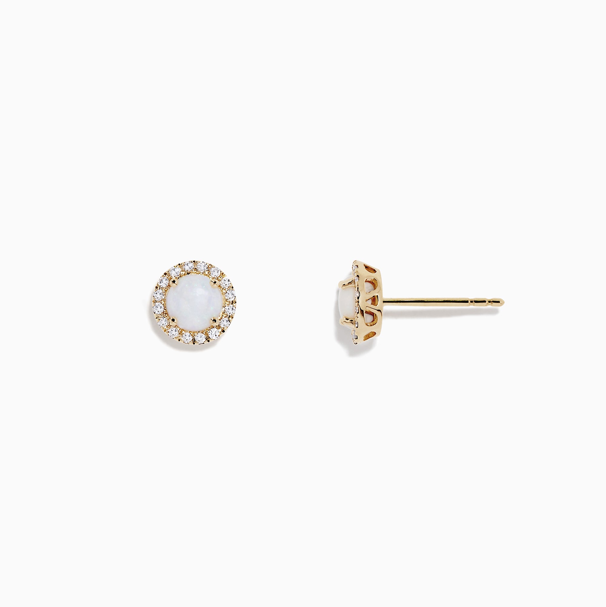The Aurora 14K Yellow Gold Opal and Diamond Earrings, 0.87 TCW, feature round studs with central opals encircled by sparkling diamonds, set in yellow gold and shown on a white background.