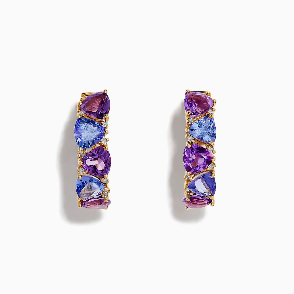 A pair of 14K yellow gold hoop earrings featuring alternating amethyst, tanzanite, and sparkling diamonds, displayed vertically on a white background.